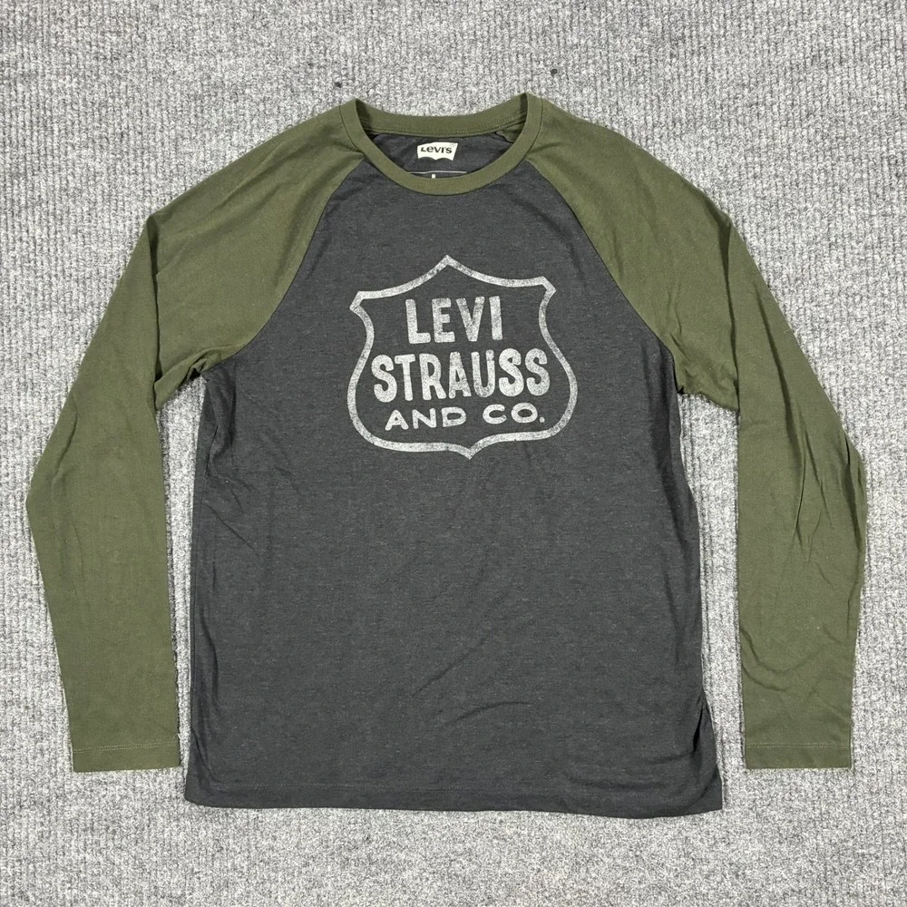 Levis Logo Shirt Mens Size Medium Gray Green Raglan Long Sleeve Graphic Tee
